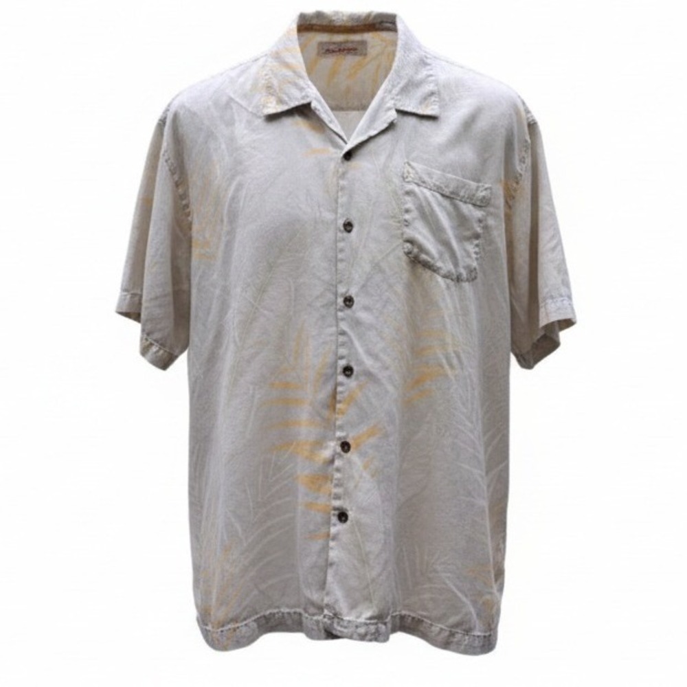 Tommy Bahama Men's Camp Shirt Palm XXL Cream 100% Silk Button‎ Up Short Sleeve